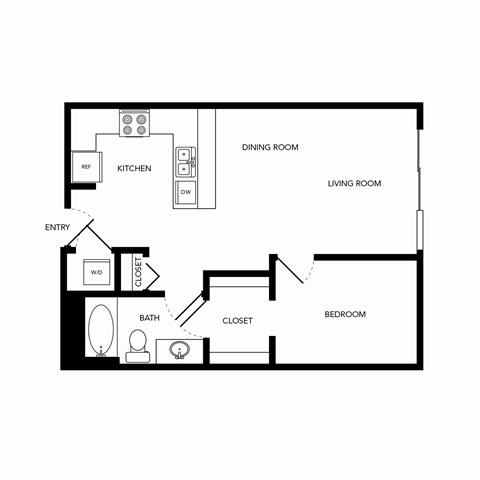 Floor plan for 1 bed, 1 bath, 646 sqft